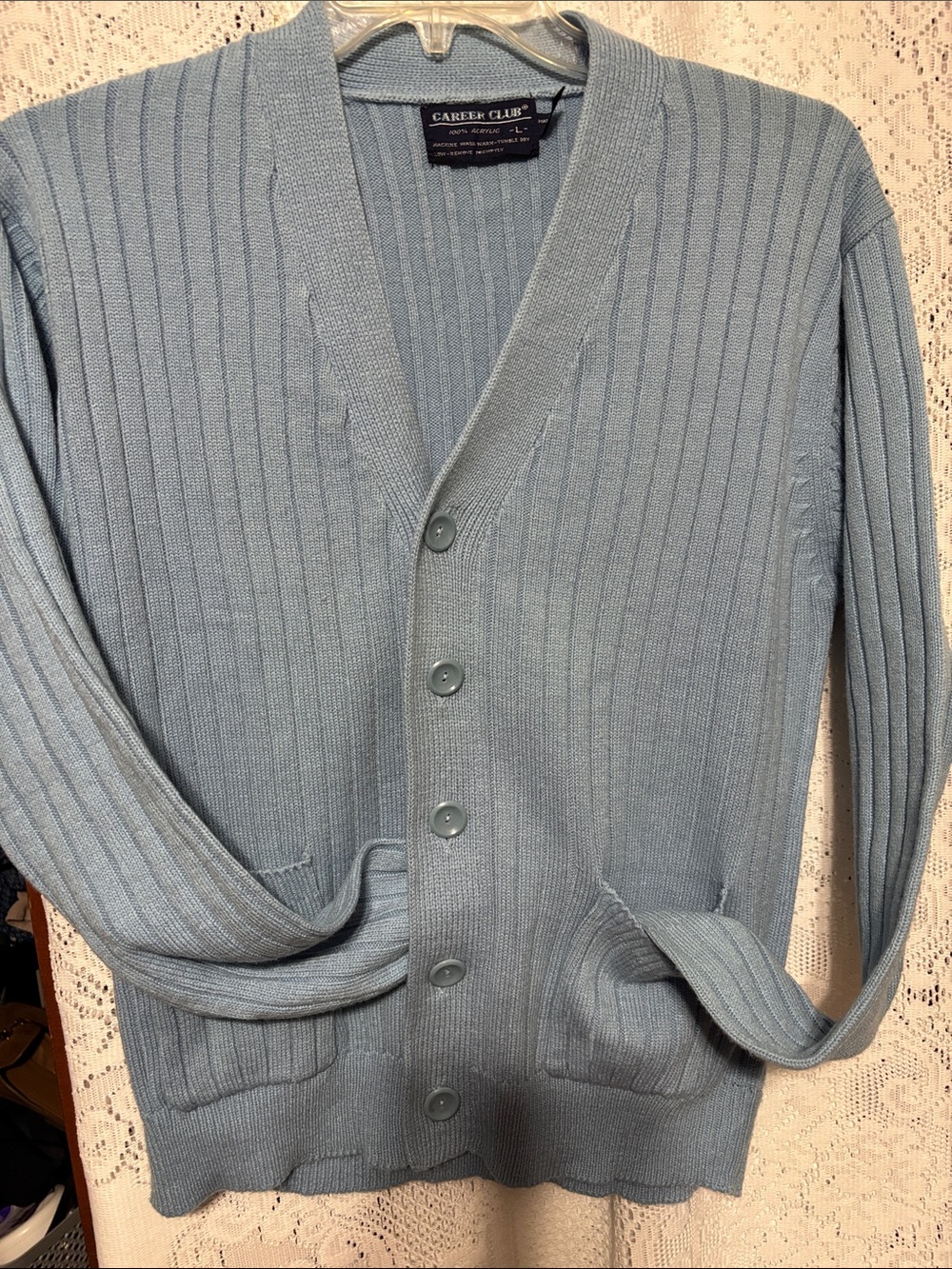 Career Club Women's Light Blue Ribbed Button-Front Cardigan Sz L